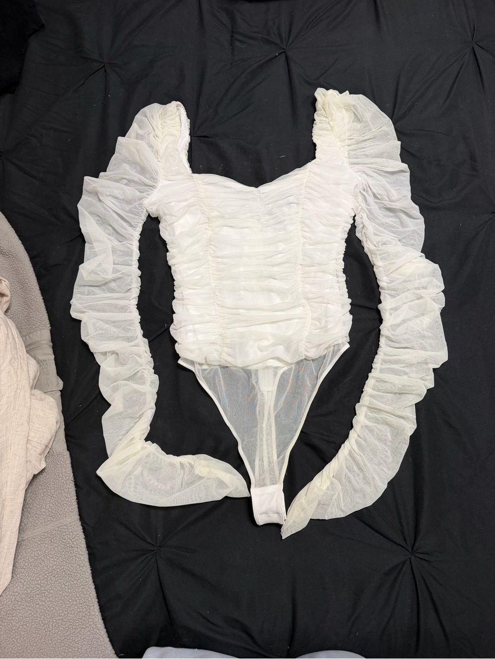 HERA Collection Ivory Ruched Mesh Long-Sleeve Bandeau Bodysuit